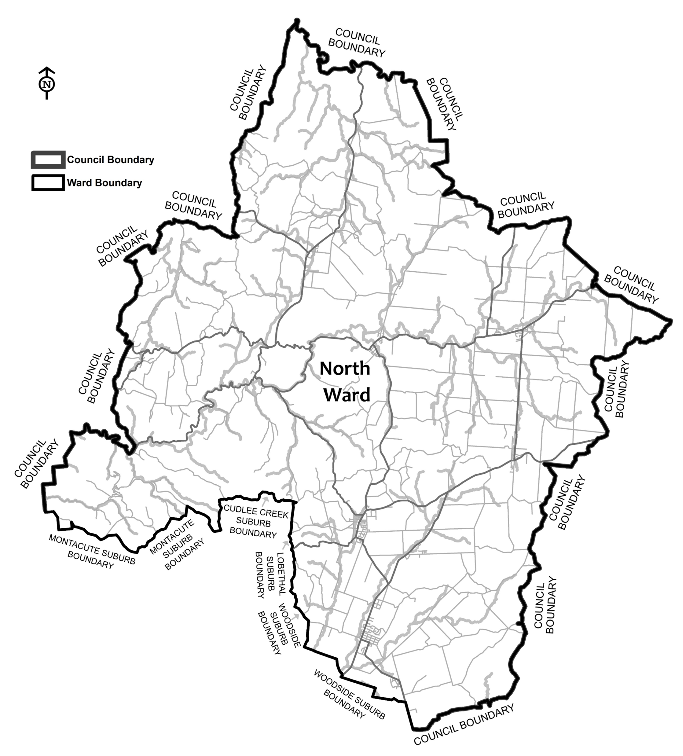 Black and white map showing boundary of north ward