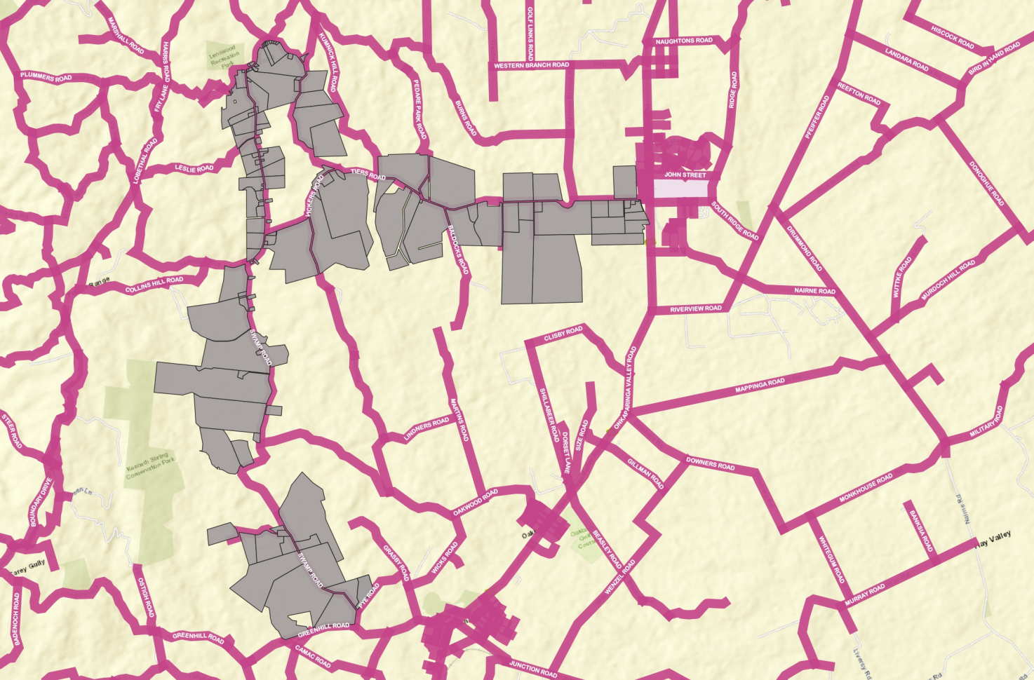 Yellow and pink map of Swap and Tier Roads