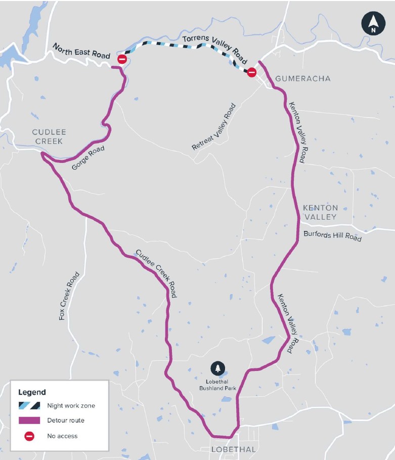 Map showing detour around Torrens Valley Road
