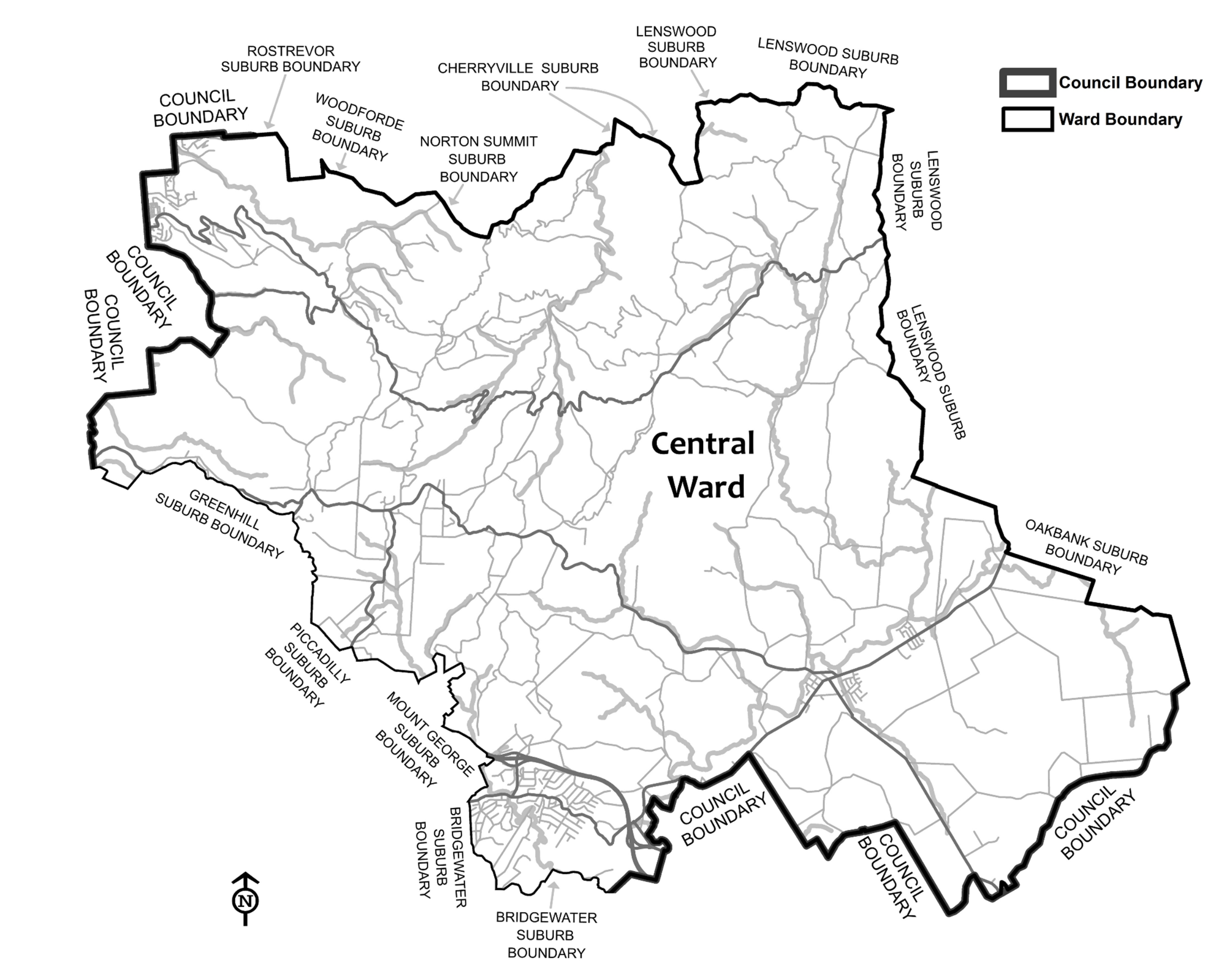 Black and white map showing boundary of the central ward