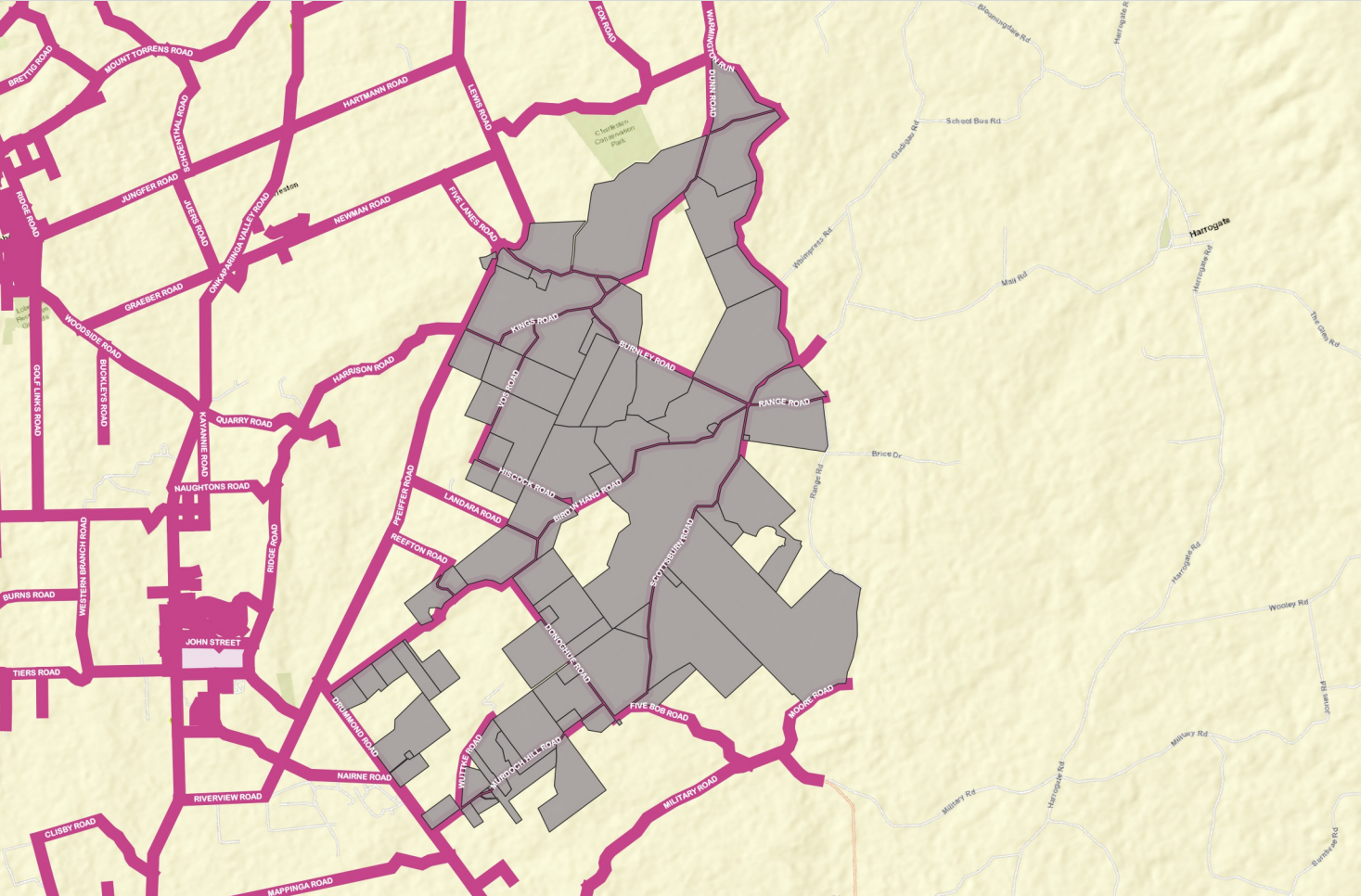 Yellow and pink map of Woodside rural area