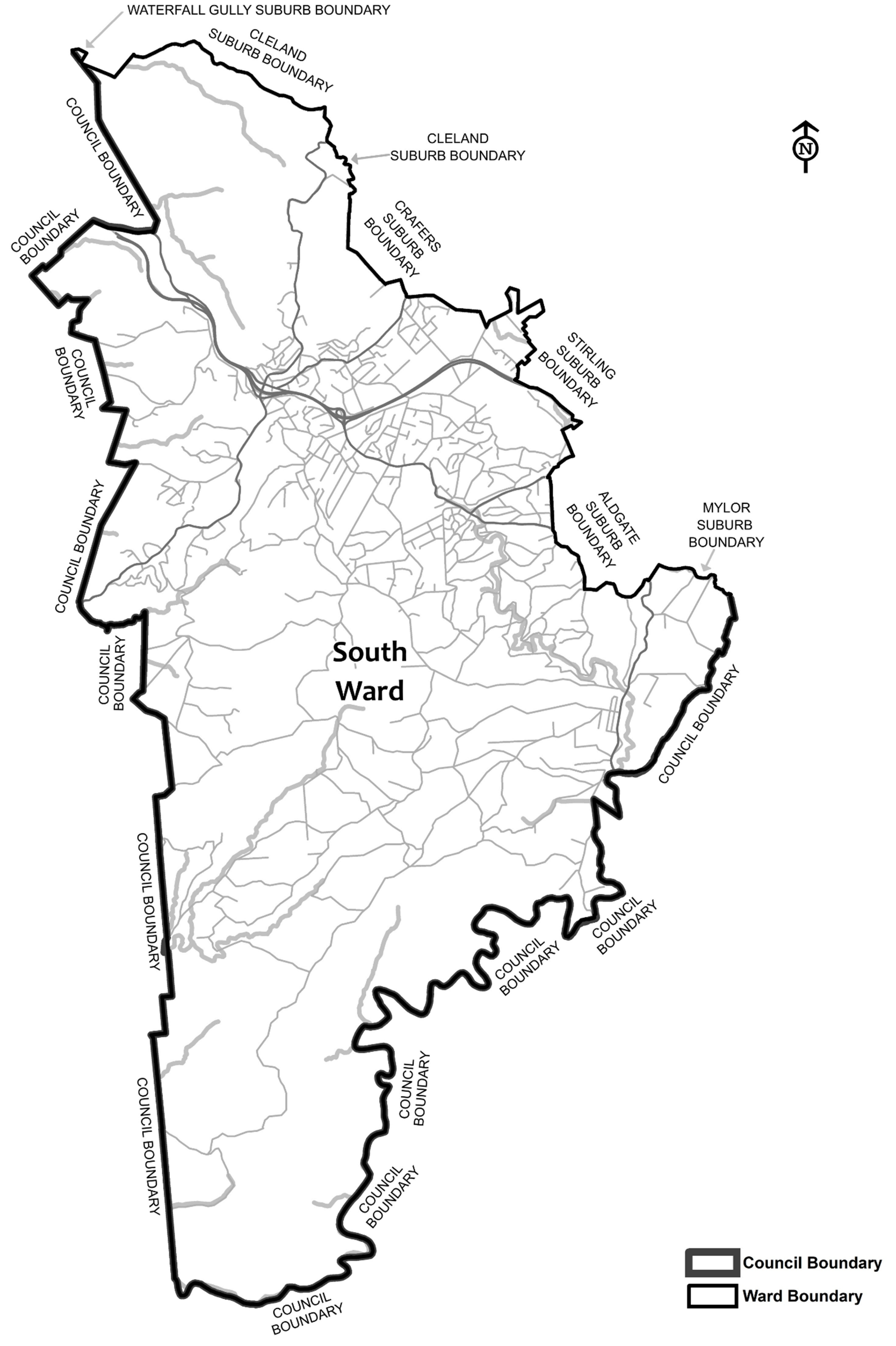 black and white map showing boundary of south ward