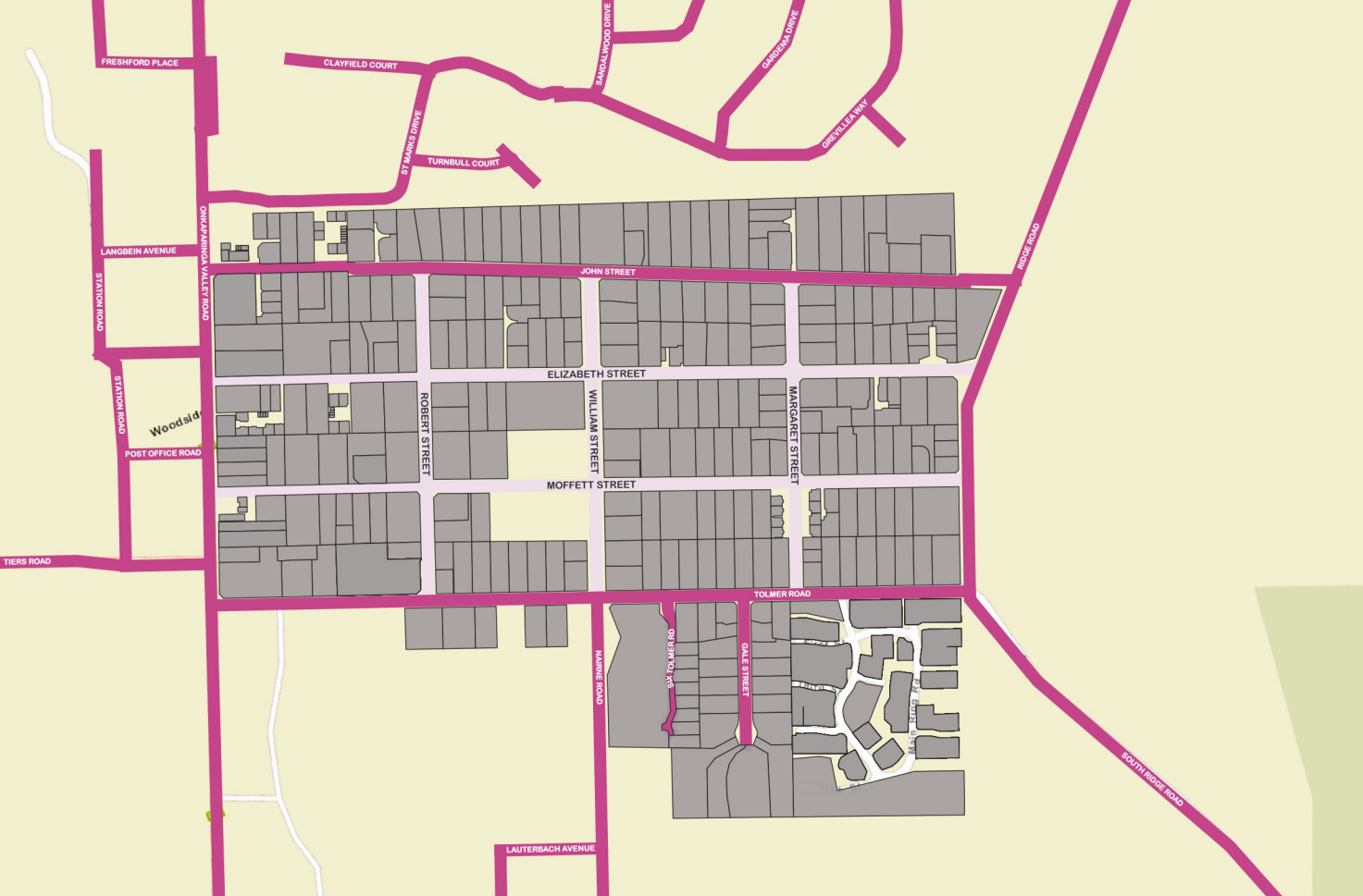 Yellow and pink map of Woodside Township